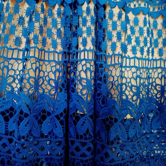 Lulus Blue and Beige Lace Midi Dress - Picture 12 of 16